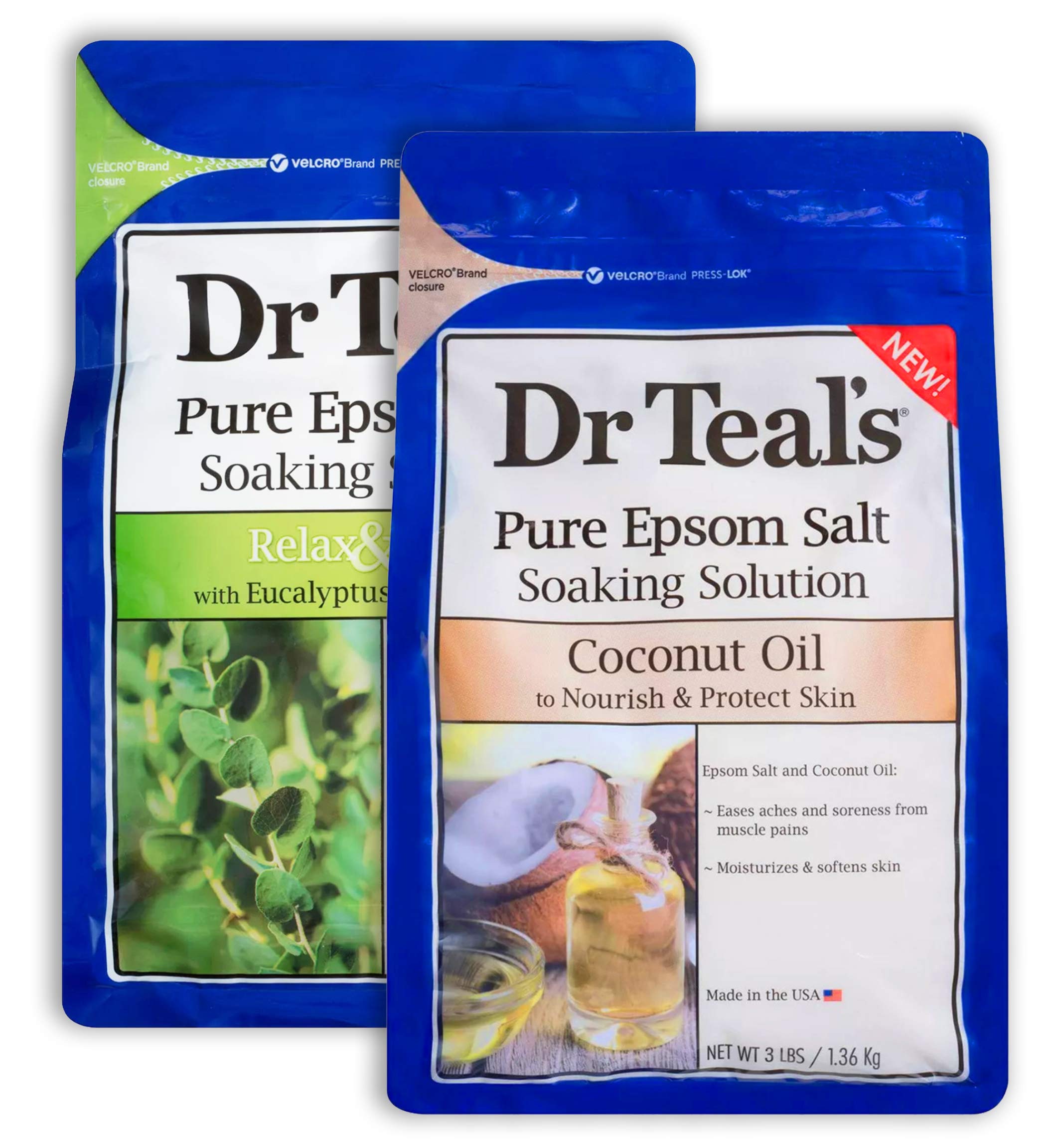 Dr Teal's Epsom Salt Bath Variety Gift Set (2 Pack, 3lb Ea) - Relax & Relief Eucalyptus & Spearmint, Nourish & Protect Coconut - Essential Oils & Pure Epsom Salt